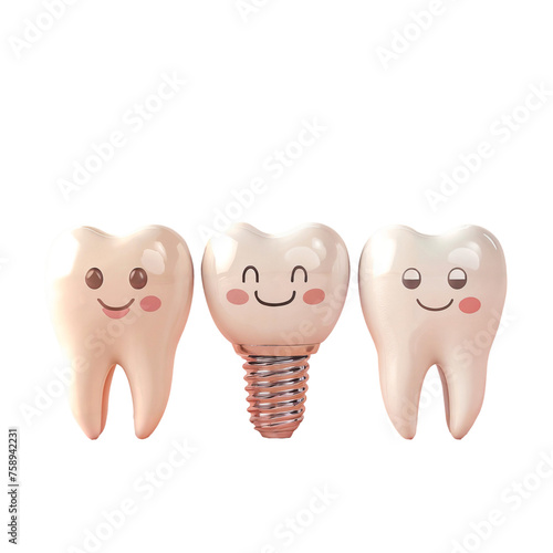 3D happy tooth illustration. Cartoon dental character, isolated cutout object on transparent background