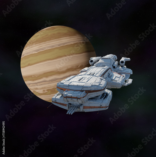 Large Battle Cruiser Spaceship with White and Orange Colour Scheme Leaving the Orbit of a Gas Giant Planet, 3d digitally rendered science fiction illustration