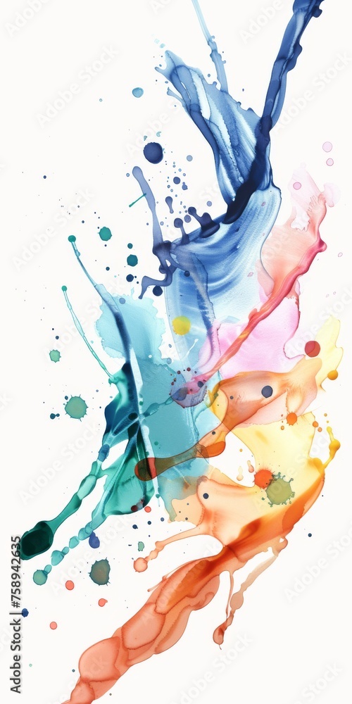A symphony of color, this watercolor splash blends cool blues with warm peach and vibrant pink, suggesting a dance of hues on a pure white canvas.