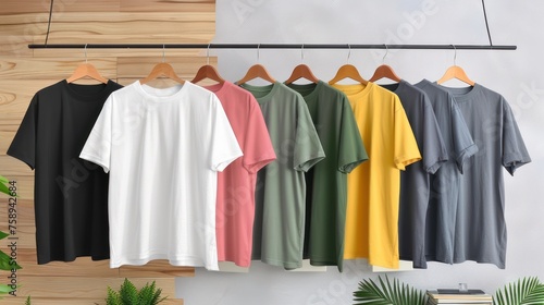 Solid color short-sleeved T-shirt display, black, white, yellow, pink, orange, green, gray, dark gray © sambath