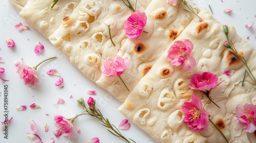 lavash bread with pink flowers on white background 