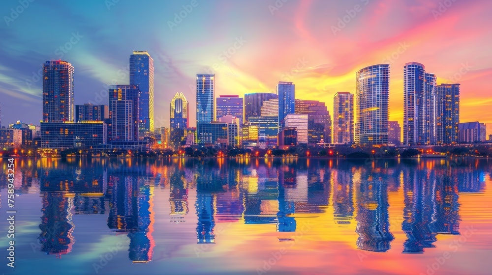 Modern urban skyline at sunset with reflective skyscrapers and vibrant hues.