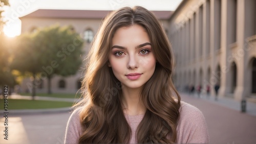 Portrait of a beautiful young college student with brown hair standing outside with a college campus buildings background