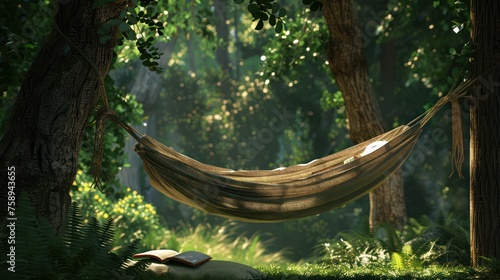 A hammock hanging between two trees with a book nearby, realistic photo