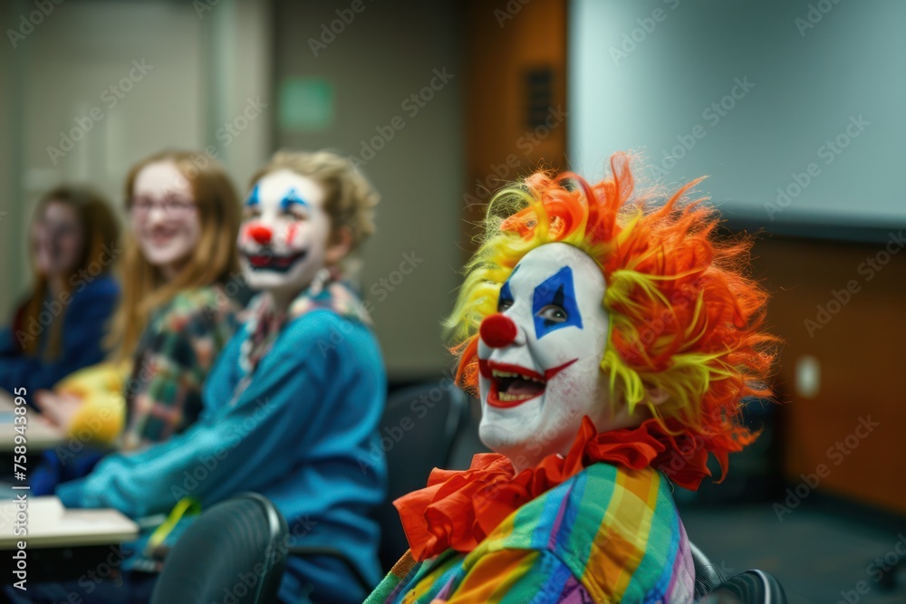 People playing in the conference room, All dressed as clowns People playing in the conference room, All dressed as clowns