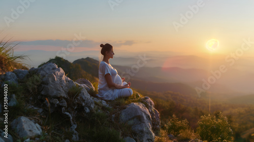 Spiritual and emotional concept with nature in maternity time. Pregnant woman practicing yoga outdoors