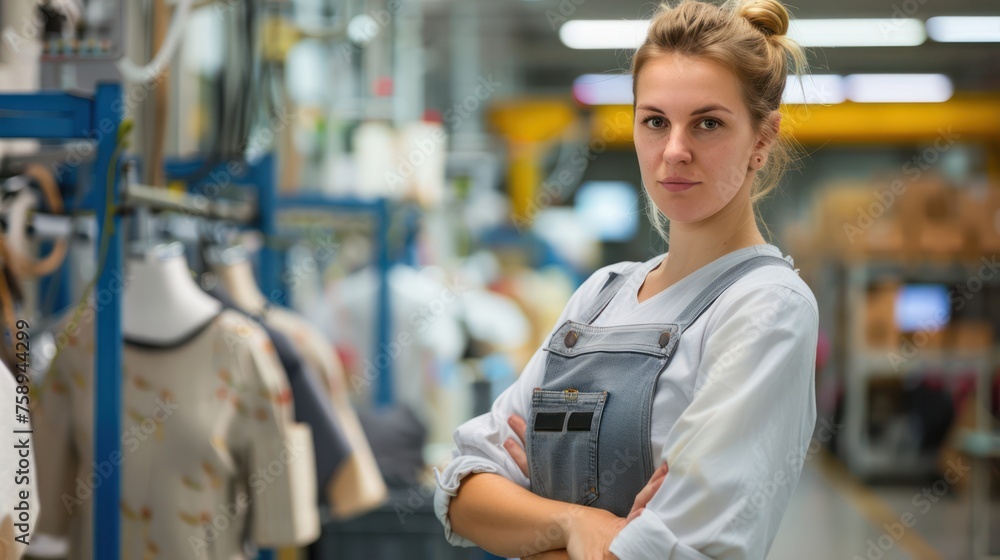 photo realistic, a female worker in front of a mannequin production line photo realistic, a female worker in front of a mannequin production line