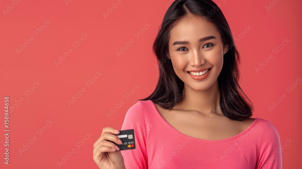 photorealistic image of a smiling Filipina woman in a plain pink holding a debit card photorealistic image of a smiling Filipina woman in a plain pink holding a debit card