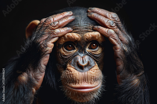 Close-up portrait of cute chimpanzee standing isolated on black background and covering head with hands © Aul Zitzke