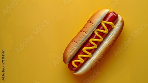 Classic hotdog with ketchup and mustard. Isolated on yellow background. top view. Room for copy space