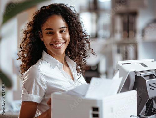 Office worker prints paper on multifunction laser printer. Document and paperwork concept. Secretary work. Smiling woman working in business office. Copy, print, scan, and fax machine.