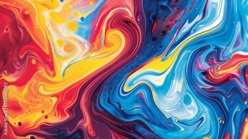 Vibrant abstract art background with swirls of red, blue, and yellow.