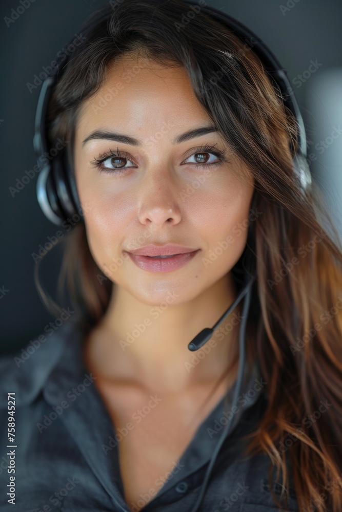 A woman wearing a headset and making eye contact with the camera. Suitable for technology and communication concepts A woman wearing a headset and making eye contact with the camera. Suitable for technology and communication concepts