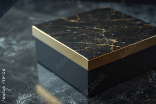 A black and gold box sitting on top of a table. Ideal for luxury product or gift concepts © Ева Поликарпова