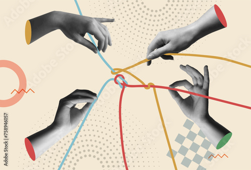 Human hands joined by rope in 80s retro collage vector illustration