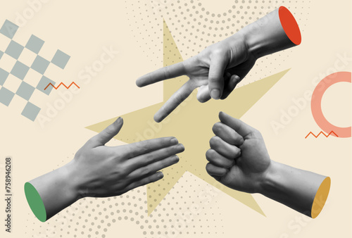 Hands making sign as rock paper and scissors game in retro collage vector illustration #758946208