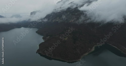 Aerial view of Molveno lake in the Dolomites, South Tyrol, Trentino, Italy. photo