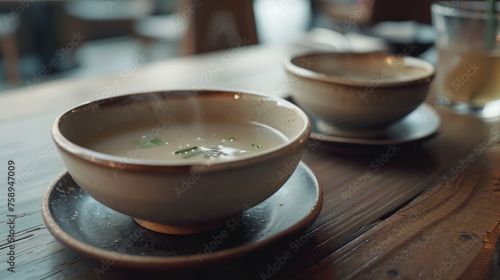 Simple image of two bowls of soup on a wooden table. Perfect for food-related projects Simple image of two bowls of soup on a wooden table. Perfect for food-related projects