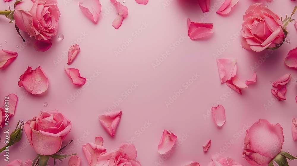 wallpapers a Beautiful flowers composition. Blank frame for text, pink rose flowers on pastel pink background wallpapers a Beautiful flowers composition. Blank frame for text, pink rose flowers on pastel pink background