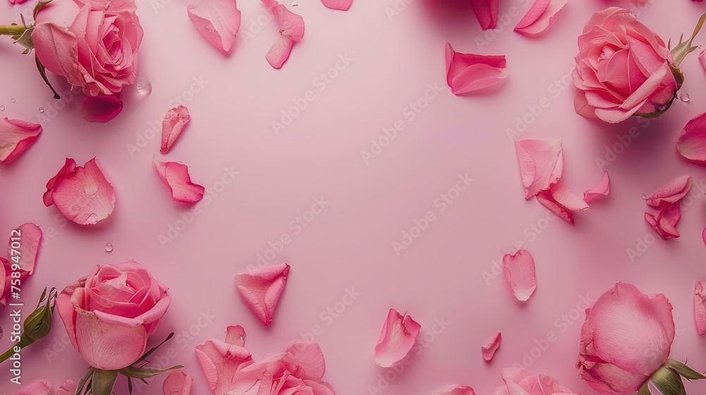 wallpapers a Beautiful flowers composition. Blank frame for text, pink rose flowers on pastel pink background