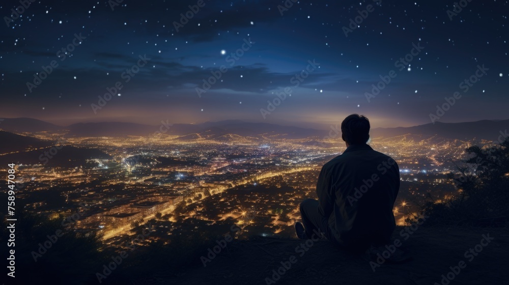 A man sitting on top of a hill overlooking a city at night. Perfect for urban landscape concepts
