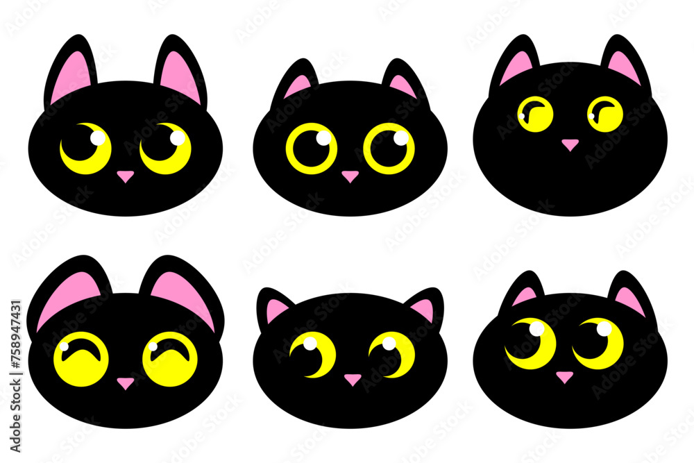 Cartoon black cats with yellow eyes. Cute kitten flat icons set. Different emotions of cats faces. Vector illustration isolated on white background.