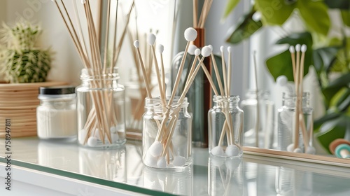 Glass jars containing cotton swabs and pads placed near various cosmetic products on a dressing table, creating a organized and visually appealing setup for skincare and beauty routines. photo