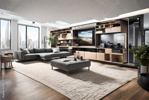 a modern and functional living space with integrated technology, sleek furnishings, and smart storage solutions, illustrating the future of interior design.