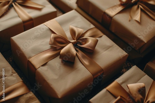 A pile of brown wrapped presents with a brown bow. Perfect for gift-giving occasions