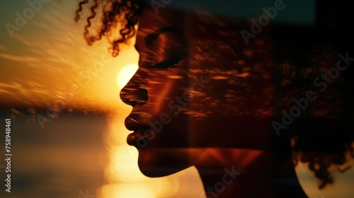 A woman's face with the sun setting in the background. Perfect for beauty and relaxation concepts