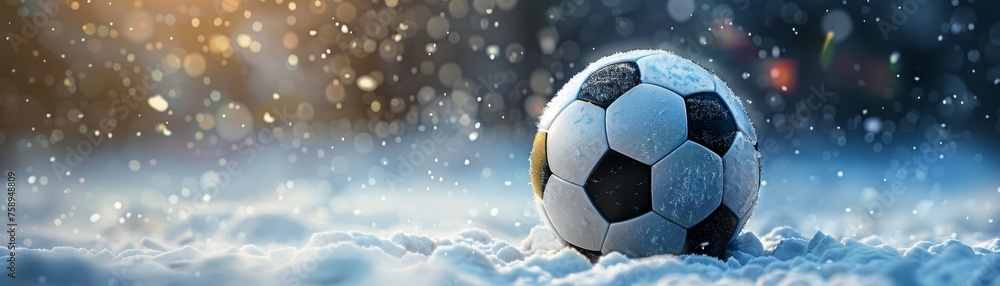 Fototapeta premium A soccer ball or football is sitting in the snow