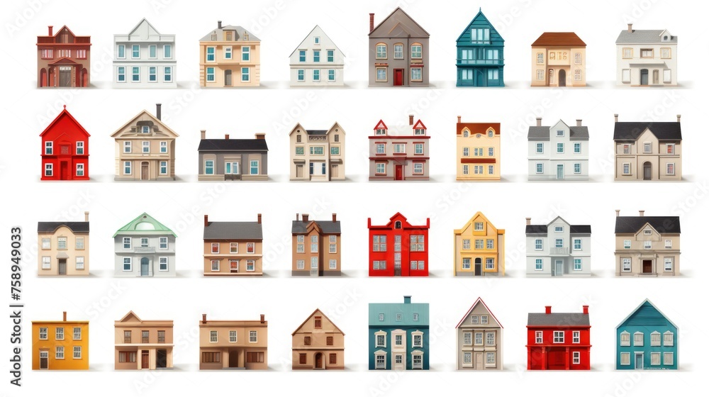 A variety of different colored houses on a plain white background. Suitable for real estate, housing concepts