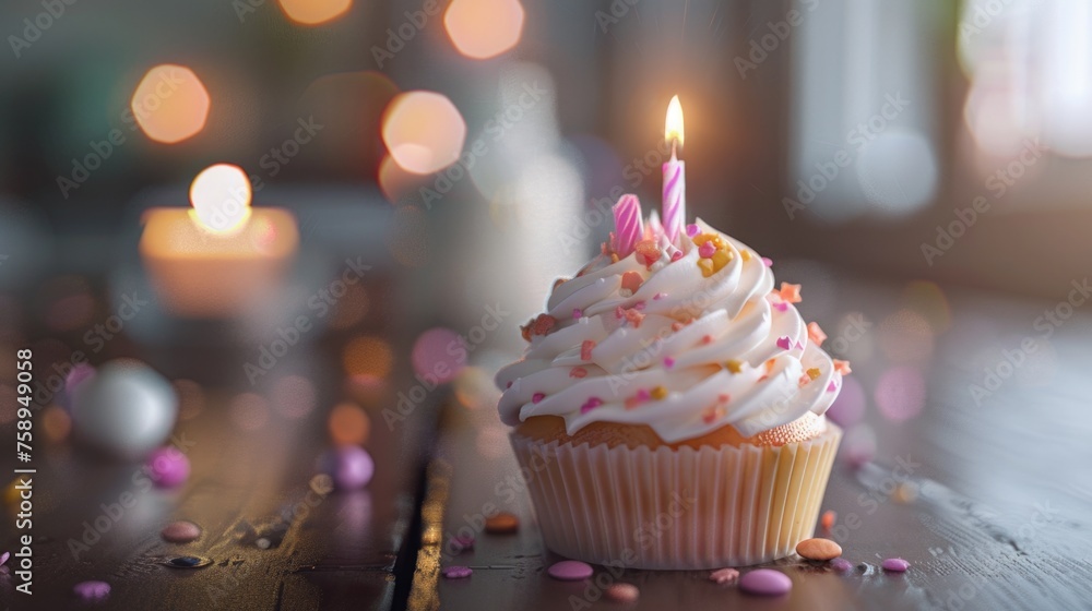 A delicious cupcake with white frosting and pink sprinkles, perfect for bakery or dessert concepts A delicious cupcake with white frosting and pink sprinkles, perfect for bakery or dessert concepts