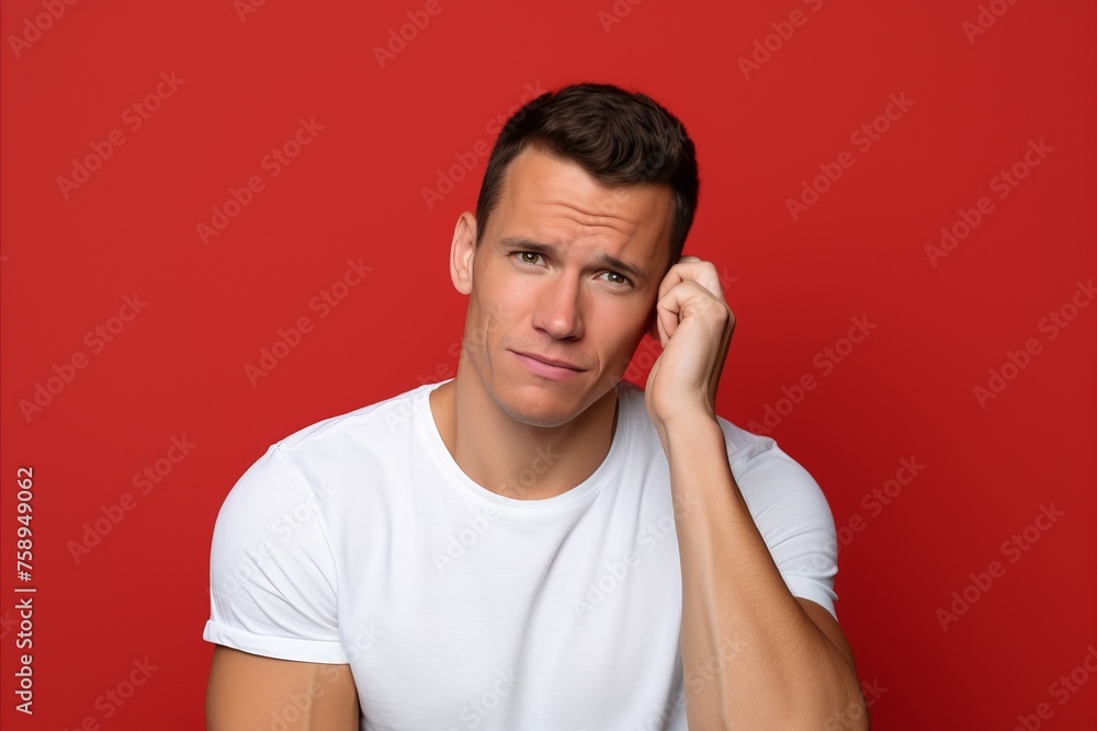 Portrait of handsome young man in white t-shirt on red background
