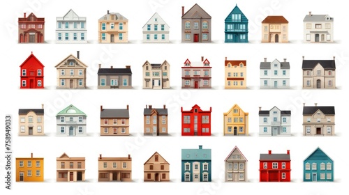 A variety of different colored houses on a plain white background. Suitable for real estate, housing concepts