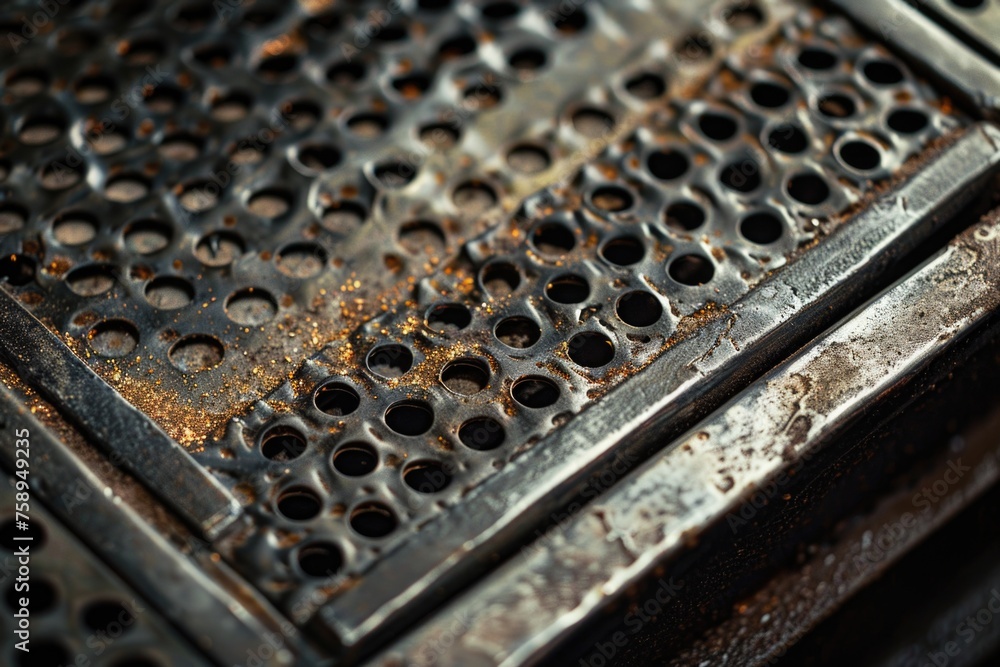 Detailed view of a metal grate with holes. Suitable for industrial or construction themes Detailed view of a metal grate with holes. Suitable for industrial or construction themes