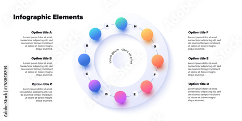 Business process chart infographics with 8 step spheres. Round workflow graphic elements. Company flowchart presentation slide. Vector info graphic design