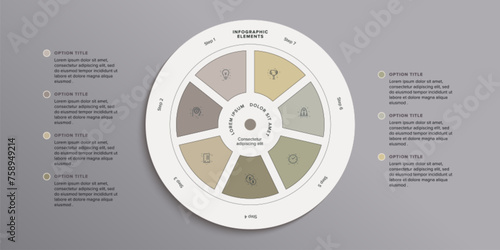 Business process chart infographics with 7 step circles. Round workflow graphic elements. Company flowchart presentation slide. Vector info graphic in flat design
