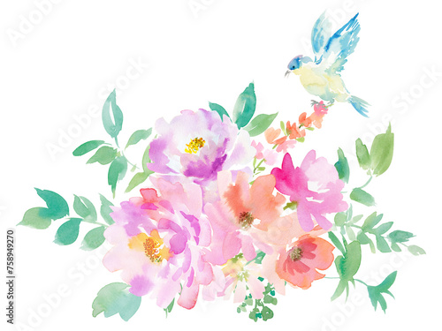 Illustration of a bouquet with pink peonies, blue birds, and wildflowers painted in watercolor