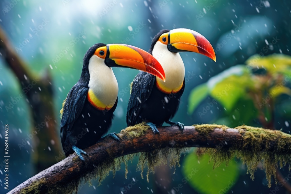 Fototapeta premium Two vibrant toucans sitting on a branch in the rain. Perfect for nature and wildlife themes