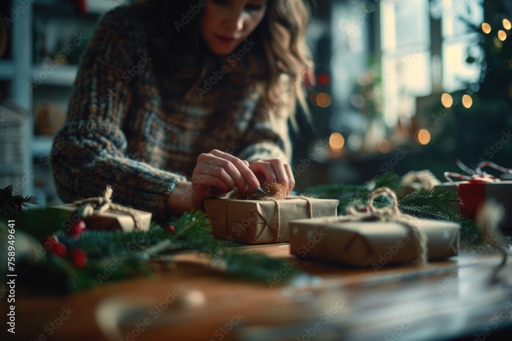 A woman wrapping Christmas presents on a table. Suitable for holiday gift wrapping concept