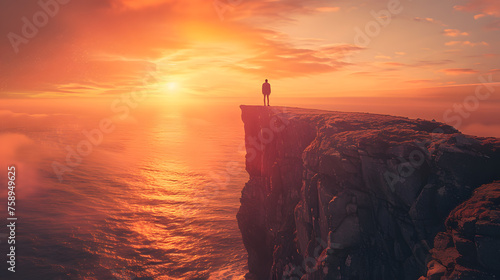 A conceptual image of a person standing at the edge of a cliff, looking out at the vast ocean, with details of the person's smallness, the ocean's vastness, and the setting sun.