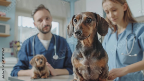 Young doctor of contemporary veterinary clinics examining sick dachshund sitting on table in front of him with pet owner behind