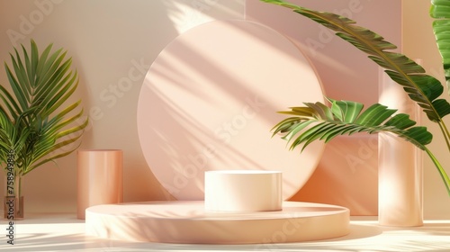 Interior of a room with pink walls and a white pedestal. Suitable for home decor catalogs