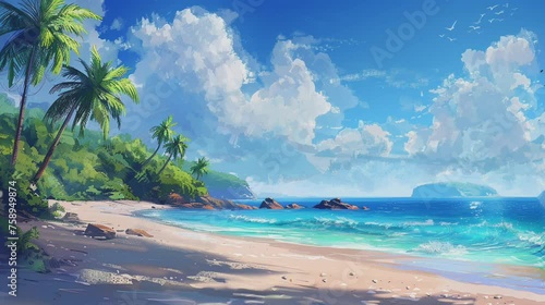 Wallpaper Mural Animated seamless looping of tropical coastline and sea wave with coconut trees, cartoon painting illustration style. Generative AI Torontodigital.ca