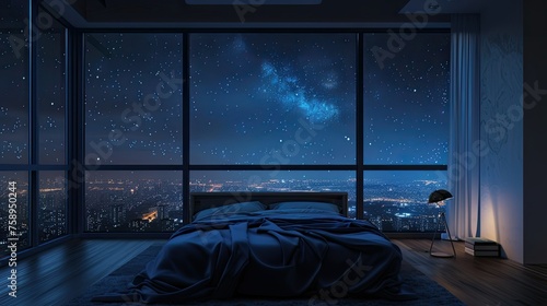 A room with a bed near large frame windows and an internal window sill overlooking the night and starry sky. The atmosphere of the night. Bed near the window. photo