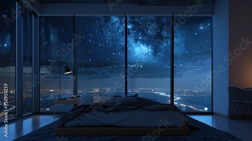 A room with a bed near large frame windows and an internal window sill overlooking the night and starry sky. The atmosphere of the night. Bed near the window. photo