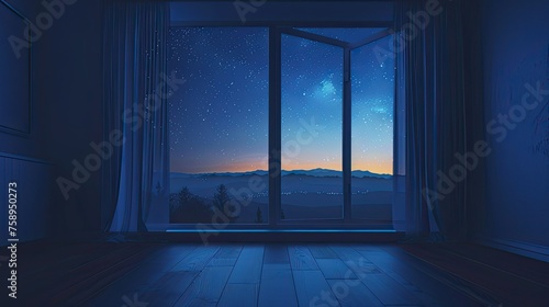 the night sky visible through the large window appears realistic by paying attention to the placement and density of stars and the illumination of the moon.