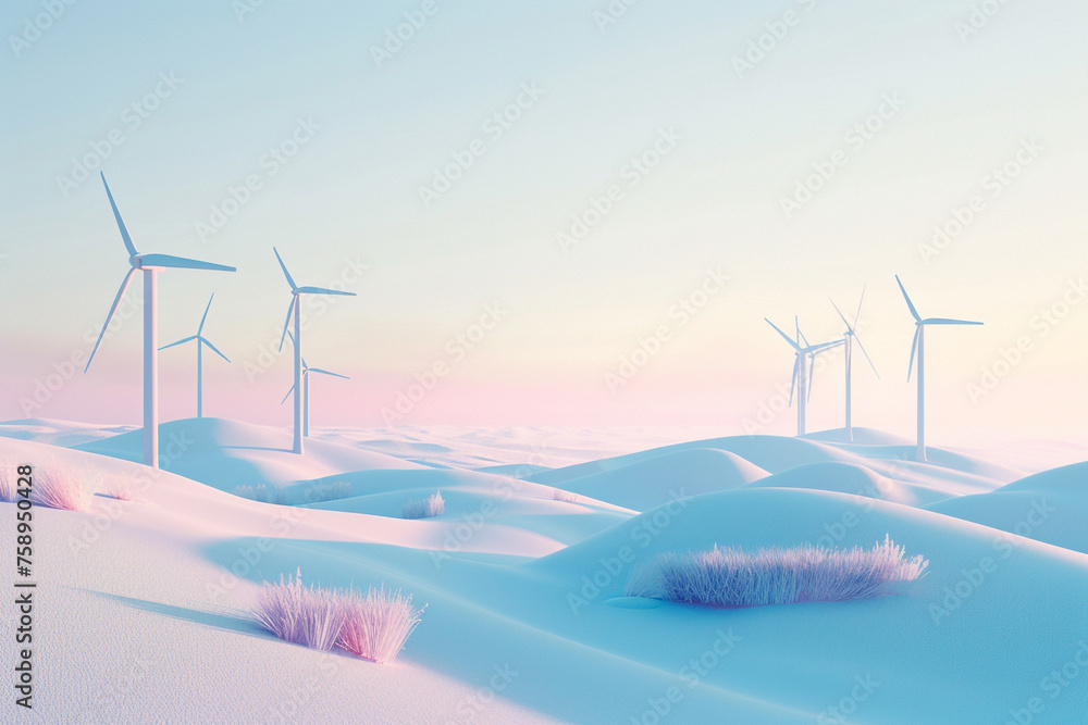 Discover the future of sustainable energy with 3D rendering of wind power generating poles standing proudly on a mountain, showcasing green innovation