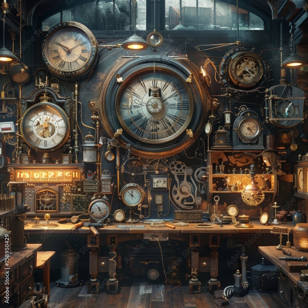 Fototapeta premium Time-travelers workshop clocks of all eras